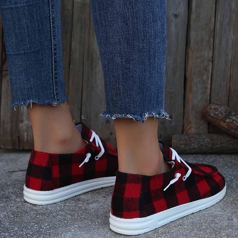 womens plaid canvas shoes lace up low top round toe flat casual shoes womens walking sneakers details 2