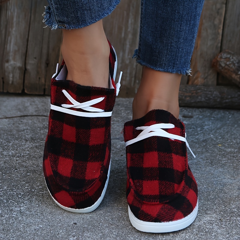 womens plaid canvas shoes lace up low top round toe flat casual shoes womens walking sneakers details 4