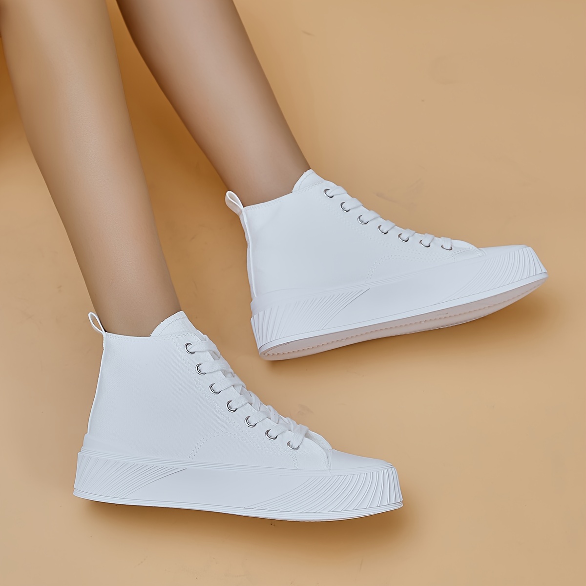 Women s Solid Color Casual Sneakers, Lace Up Platform Soft Sole Minimalist Skate Shoes, High-top Canvas Shoes details 3