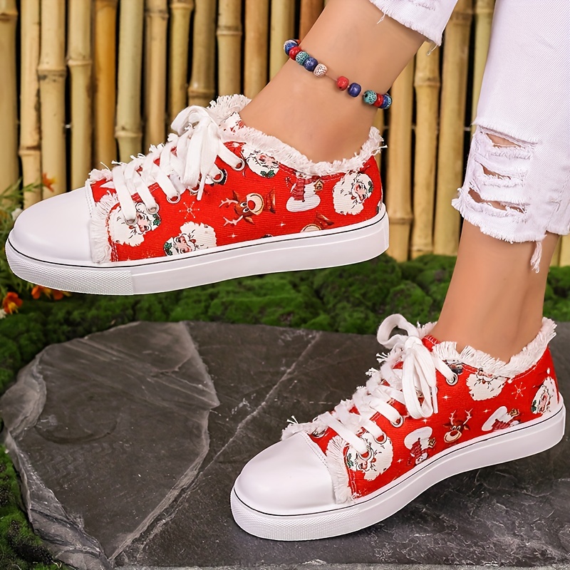 womens christmas print canvas shoes casual lace up outdoor shoes lightweight low top sneakers details 2