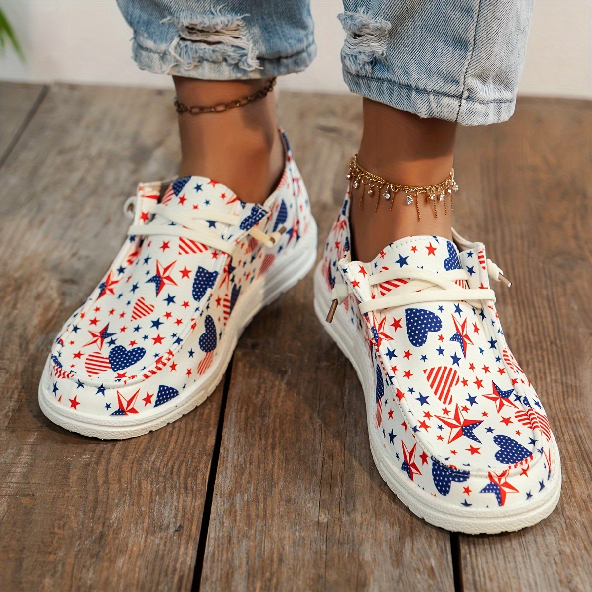 womens stars print canvas shoes independence day slip on lightweight soft sole walking loafers comfortable flat travel shoes details 2