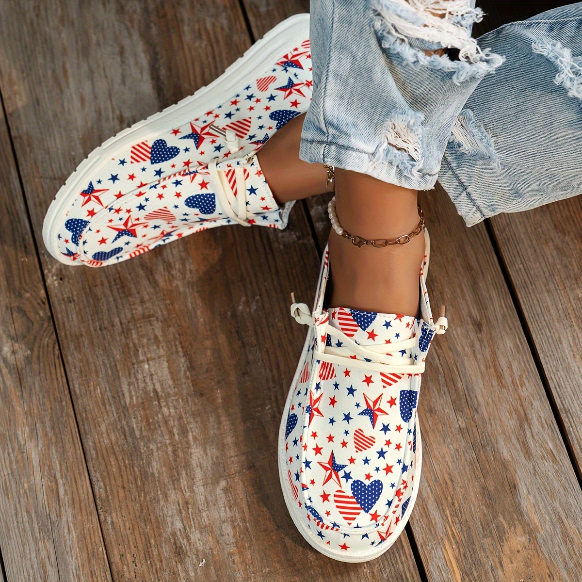 womens stars print canvas shoes independence day slip on lightweight soft sole walking loafers comfortable flat travel shoes details 7