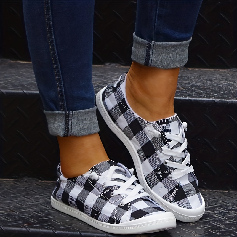 womens plaid pattern canvas shoes casual lace up outdoor shoes lightweight low top sneakers details 4