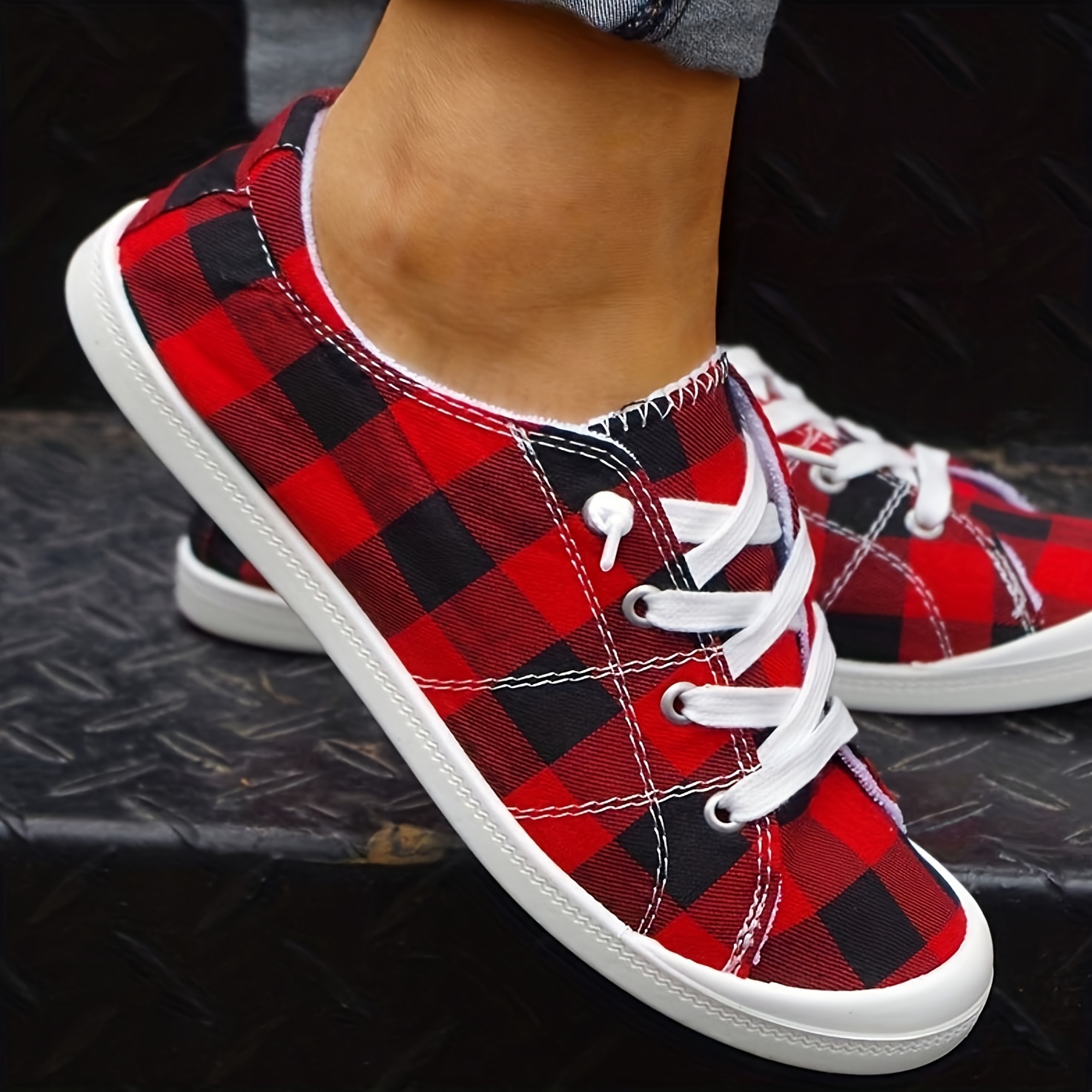 womens plaid pattern canvas shoes casual lace up outdoor shoes lightweight low top sneakers details 6