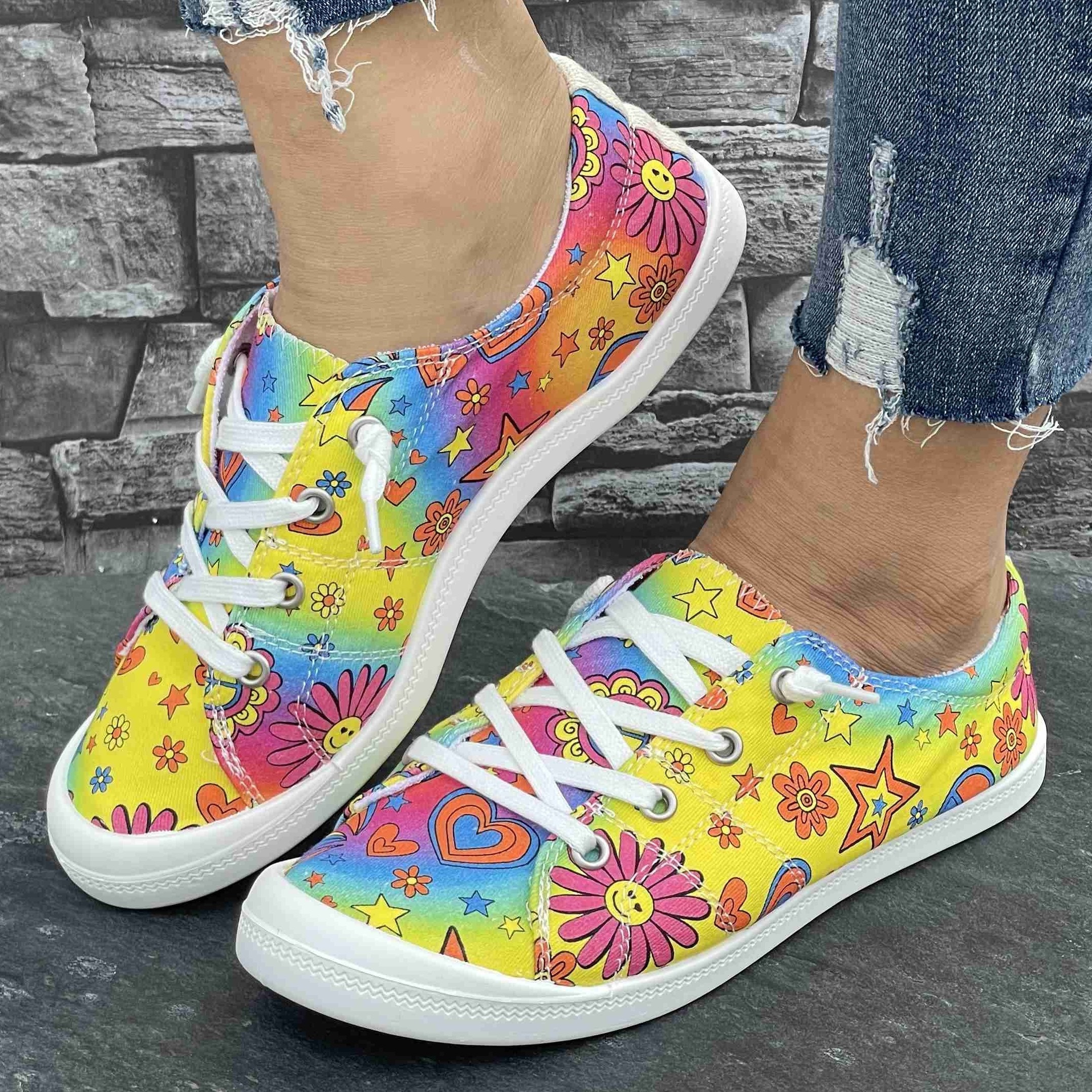 Women s Colorful Star And Flower Print Sneakers, Casual Canvas Slip On Lightweight Walking Shoes, Versatile Footwear With Campus Style details 4