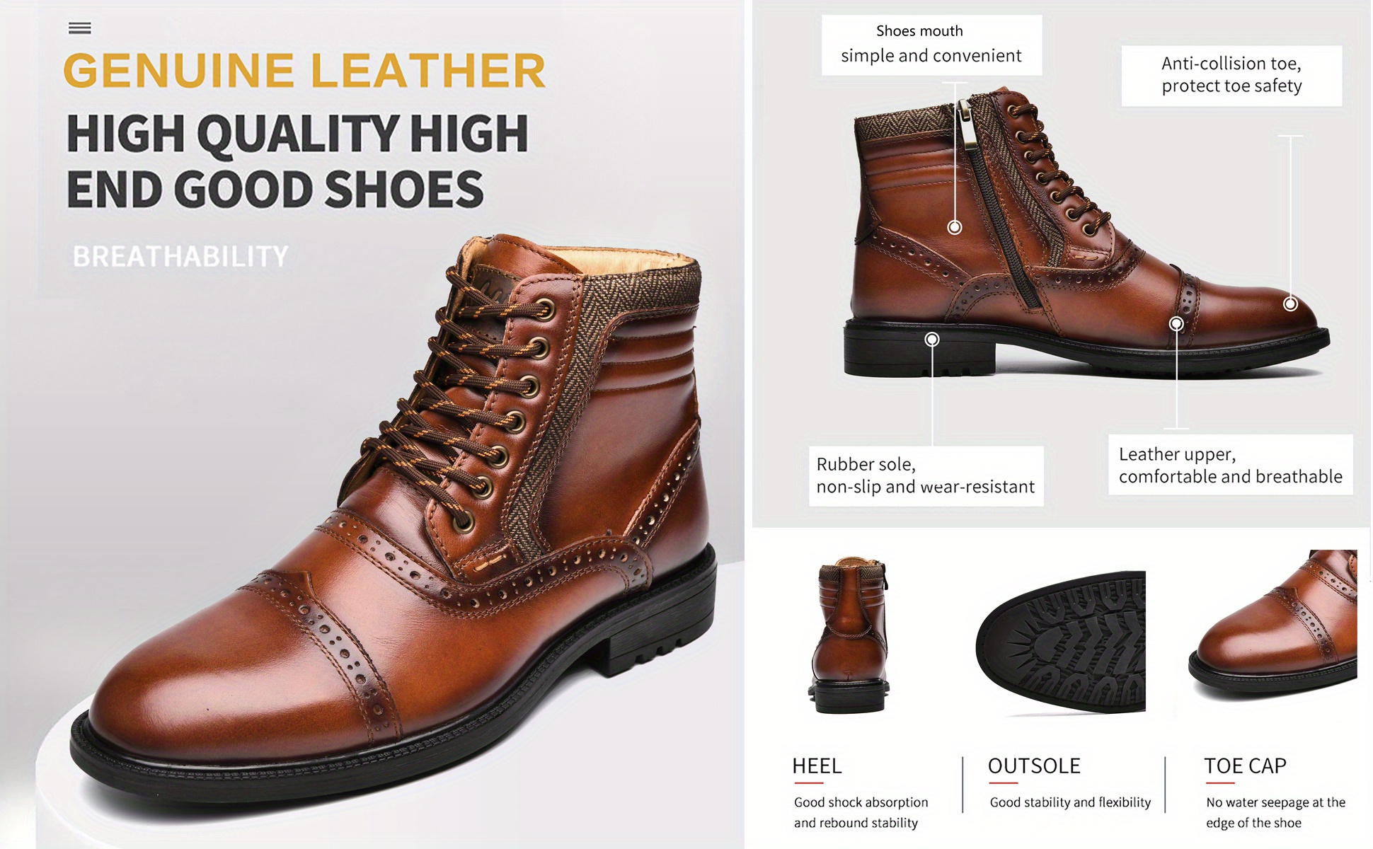 mens cap toe brogue oxford boots comfortable formal shoes details 0