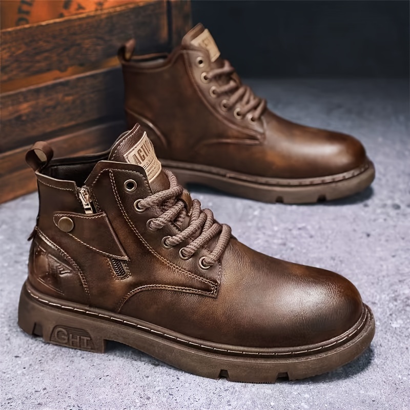 mens retro ankle boots wear resistant anti skid lace up shoes with pu leather uppers with pu leather uppers for outdoor spring and autumn details 0